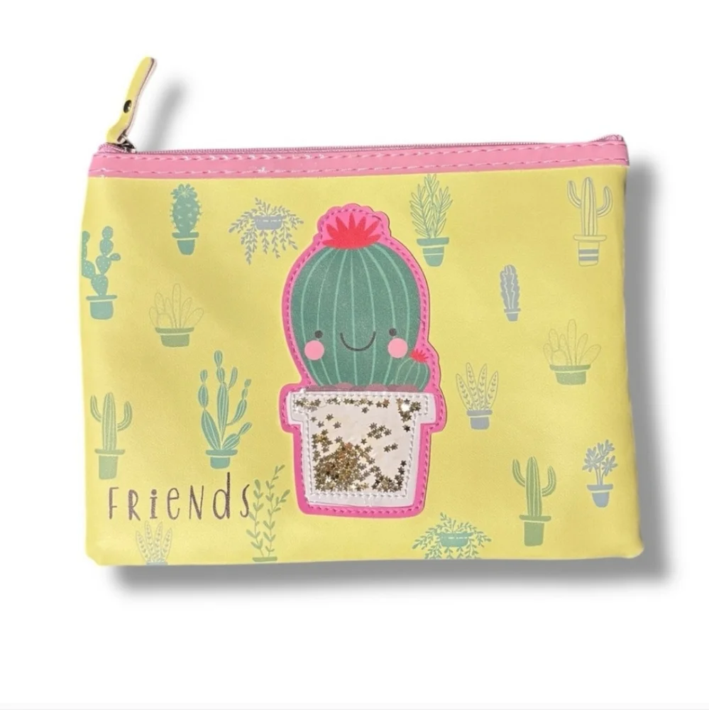 Yellow Zip Top Makeup Case Cartoon Cactus Graphic NEW